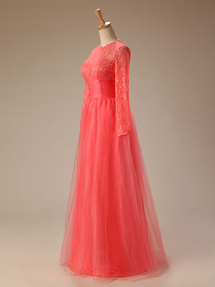 Coral Red Long Sleeves Lace Formal Prom Evening Dress