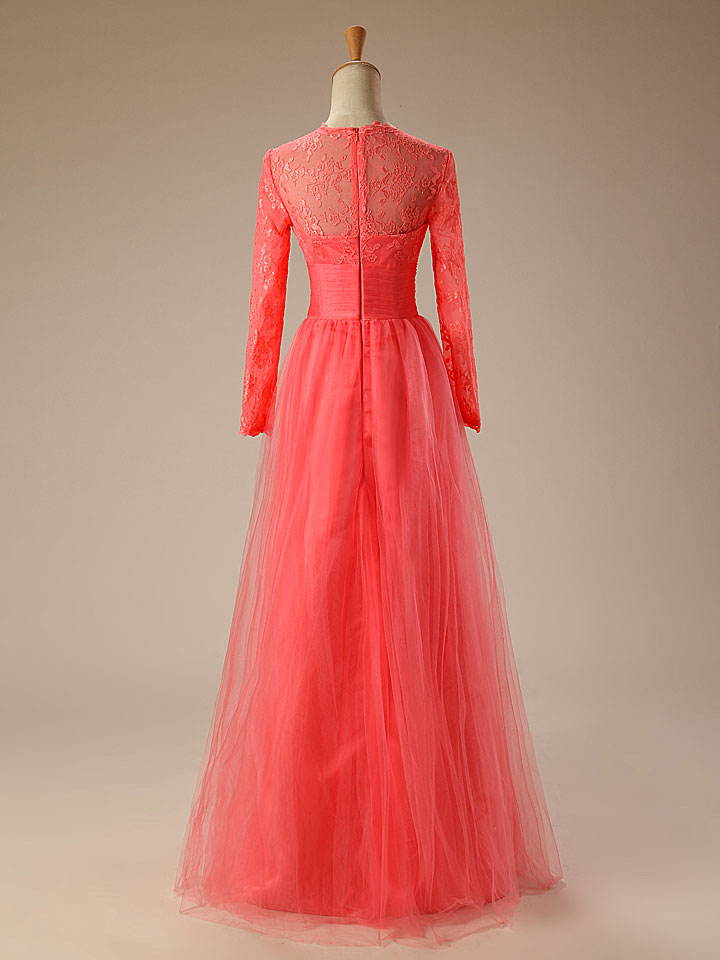 Coral Red Long Sleeves Lace Formal Prom Evening Dress