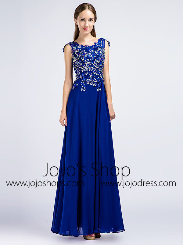 Dark Blue Lace Full Length Prom Evening Formal Dress 