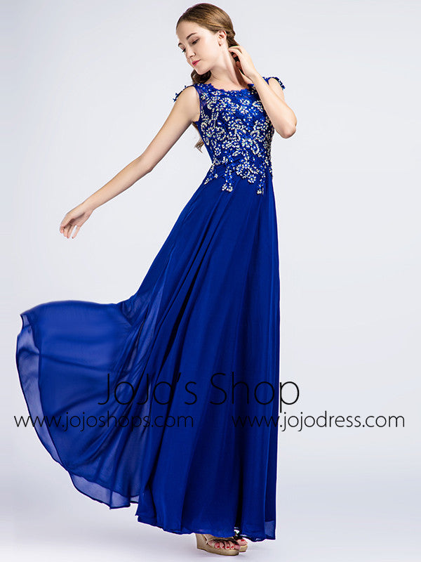 Dark Blue Lace Full Length Prom Evening Formal Dress 