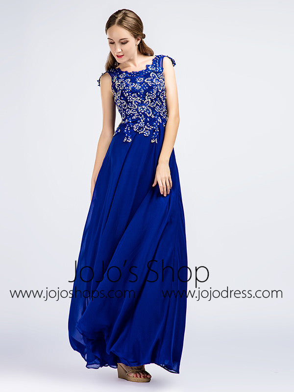 Dark Blue Lace Full Length Prom Evening Formal Dress 