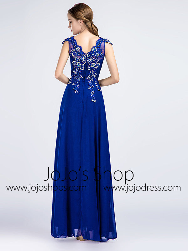 Dark Blue Lace Full Length Prom Evening Formal Dress 
