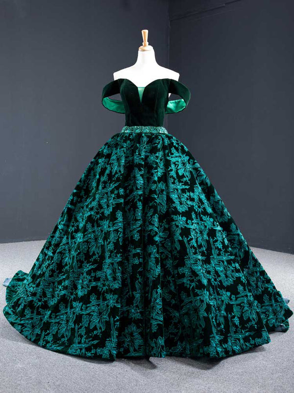 Dark Green Off Shoulder Formal Ball Gown Prom Dress RS210107