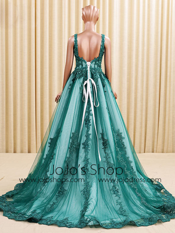 Dark Green Lace Formal Ball Gown Evening Dress with Low Back RS201612