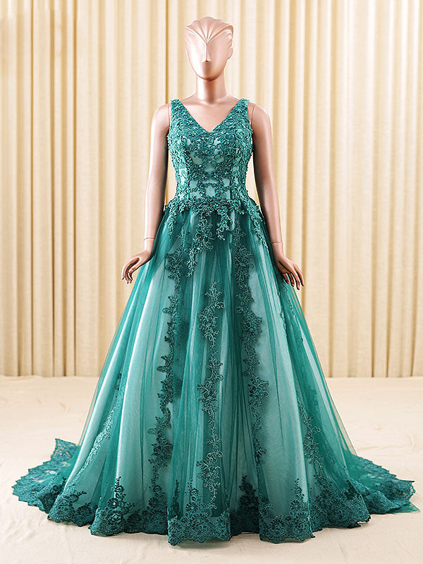 Dark Green Lace Formal Ball Gown Evening Dress with Low Back RS201612