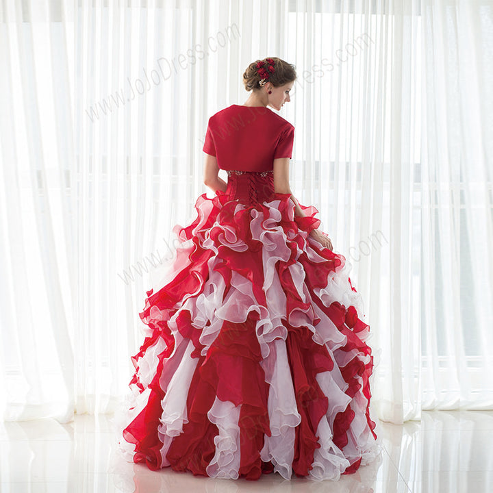 Strapless Red Ball Gown with Ruffle Skirt and Jacket EN19090086
