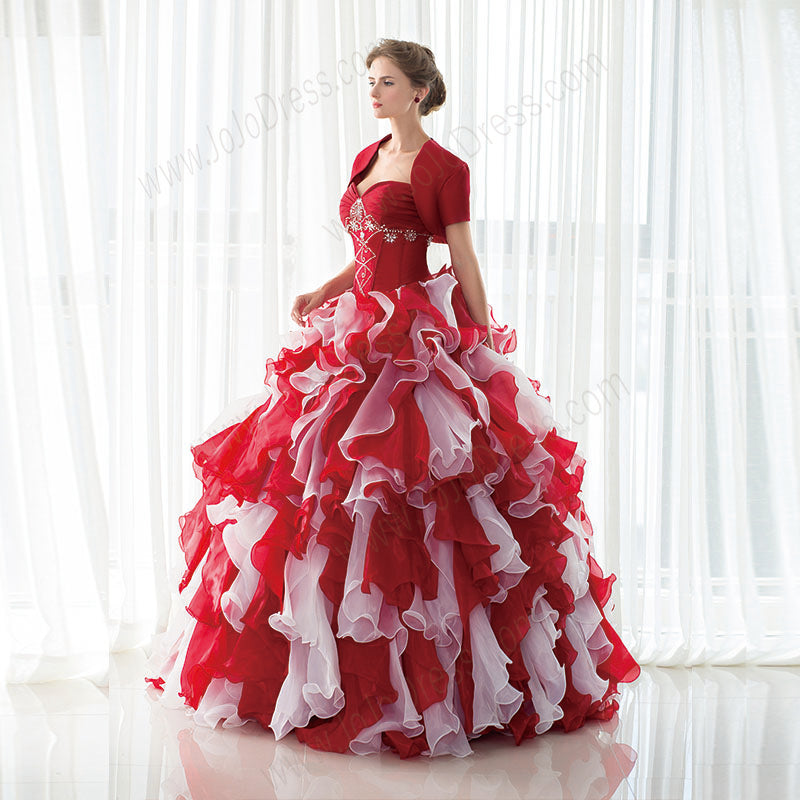 Strapless Red Ball Gown with Ruffle Skirt and Jacket EN19090086 Strapless Red Ball Gown with Ruffle Skirt and Jacket EN19090086