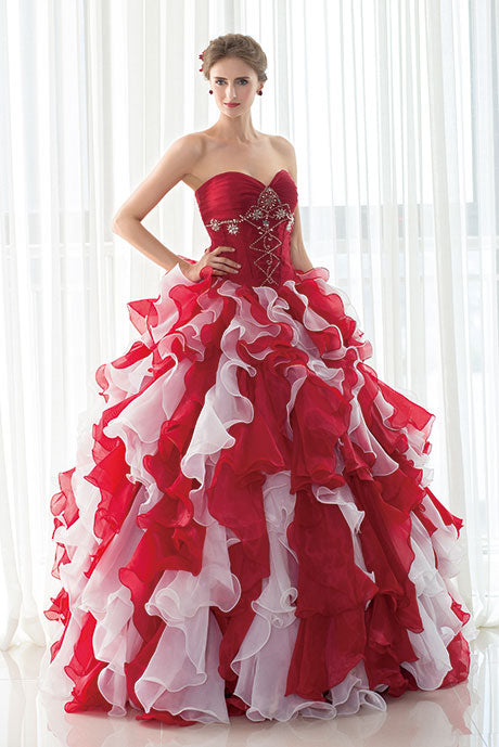 Strapless Red Ball Gown with Ruffle Skirt and Jacket EN19090086