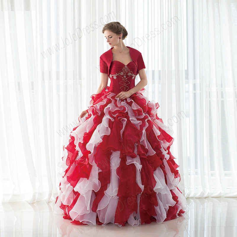 Strapless Red Ball Gown with Ruffle Skirt and Jacket EN19090086