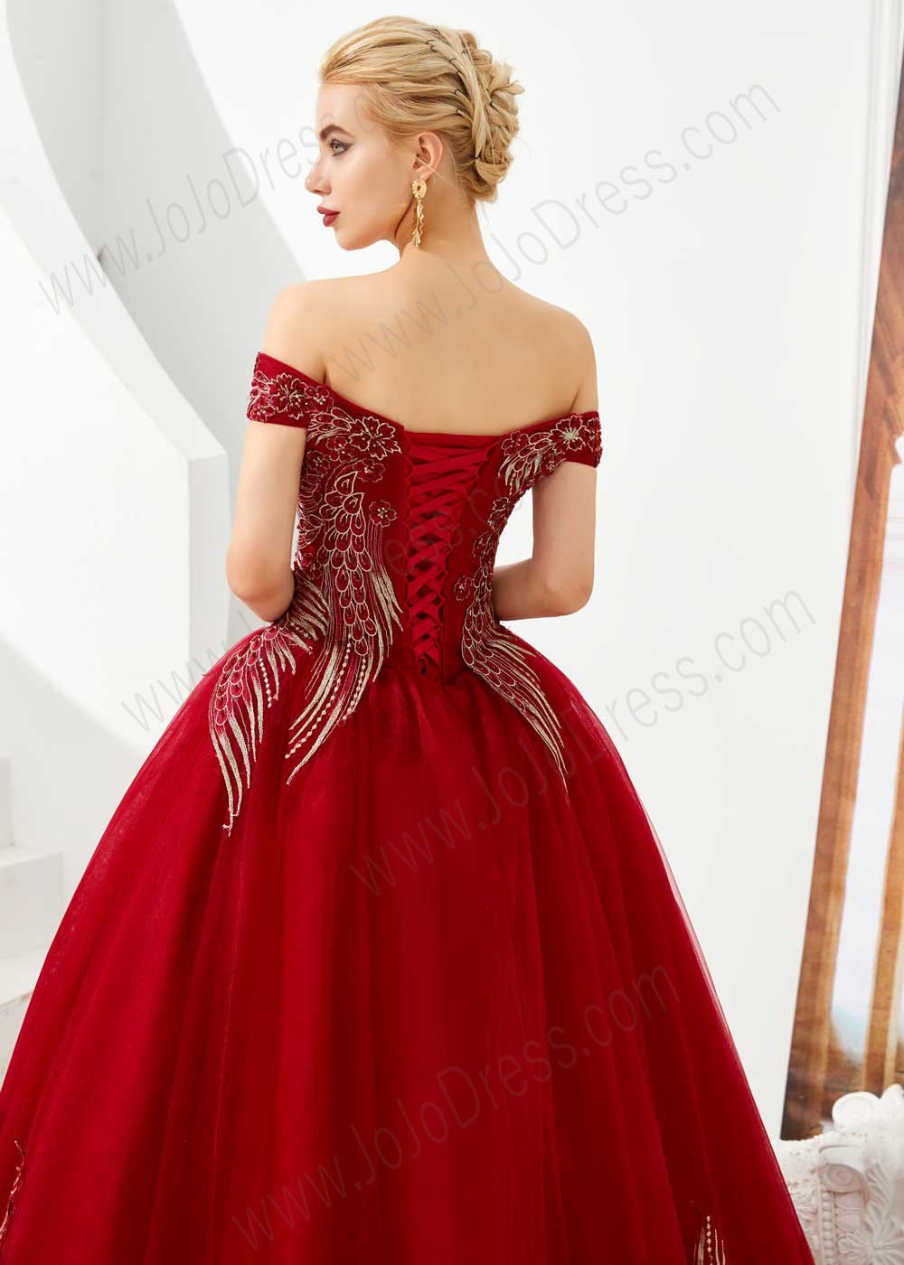 Dark Red Off the Shoulder Ball Gown Prom Formal Dress