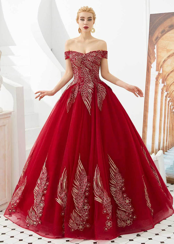 Dark Red Off the Shoulder Ball Gown Prom Formal Dress