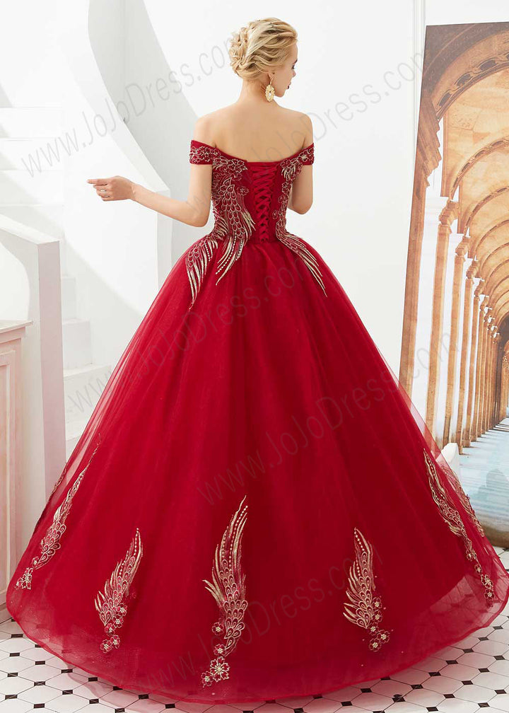 Dark Red Off the Shoulder Ball Gown Prom Formal Dress