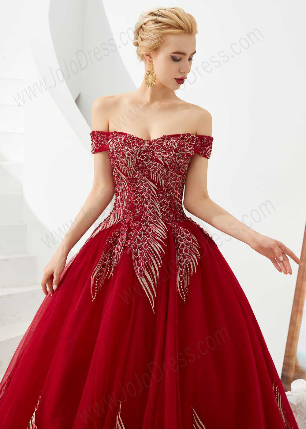 Dark Red Off the Shoulder Ball Gown Prom Formal Dress