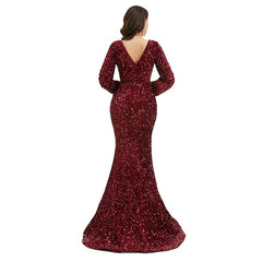 Shimmery Burgundy Maxi Formal Red Carpet Gala Evening Dress EN5018