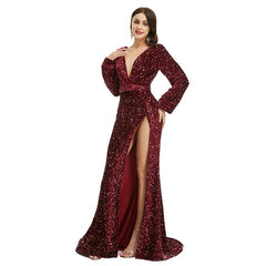 Shimmery Burgundy Maxi Formal Red Carpet Gala Evening Dress EN5018