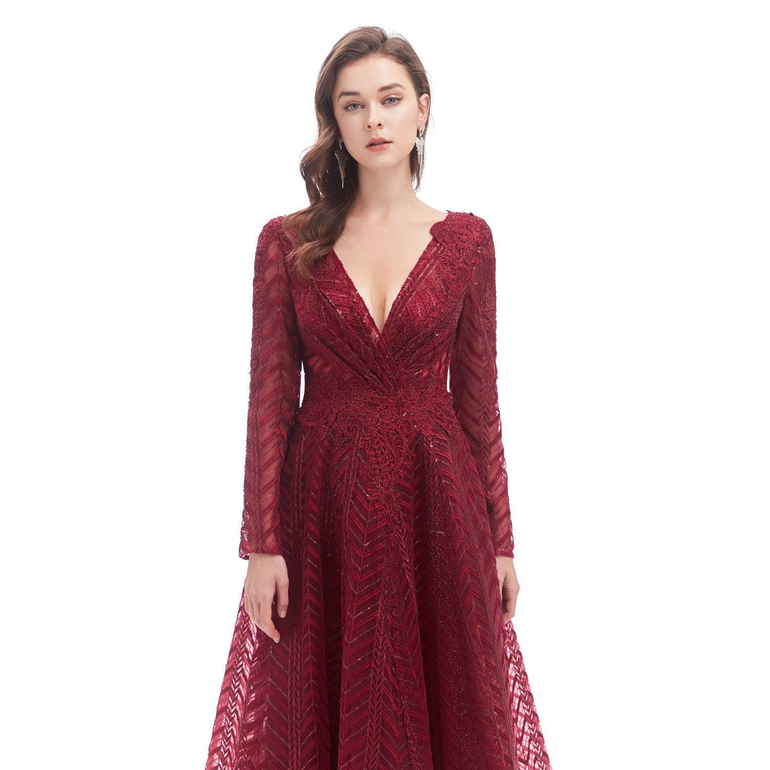 Burgundy Maxi Lace Long Formal Evening Dress EN4607