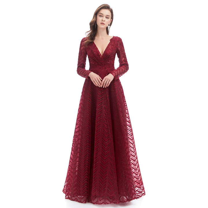 Burgundy Maxi Lace Long Formal Evening Dress EN4607