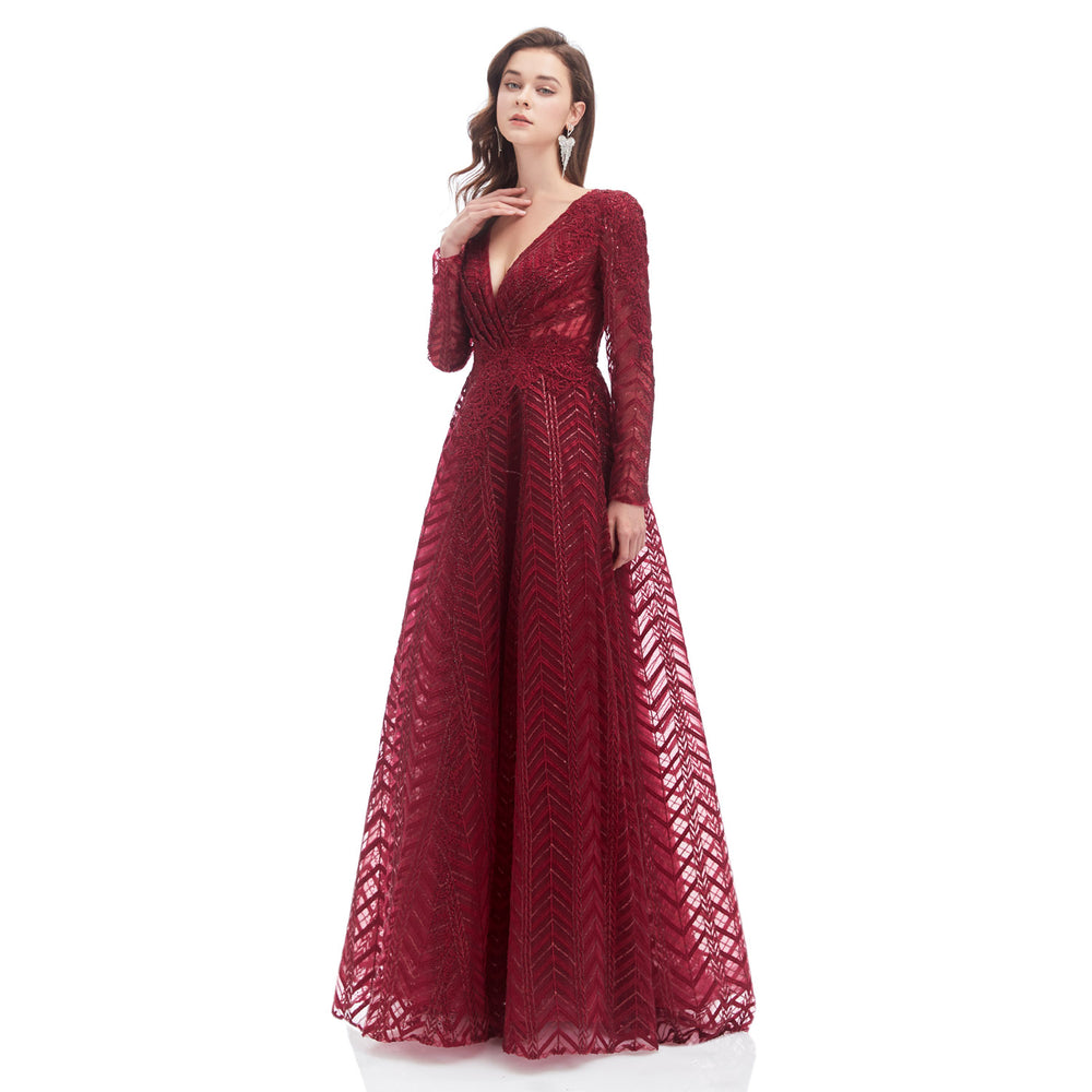 Burgundy Maxi Lace Long Formal Evening Dress EN4607