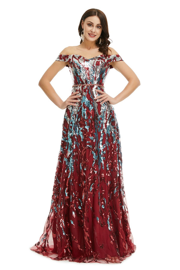 Dark Red Sequins Maxi Formal Gala Evening Dress EN5008