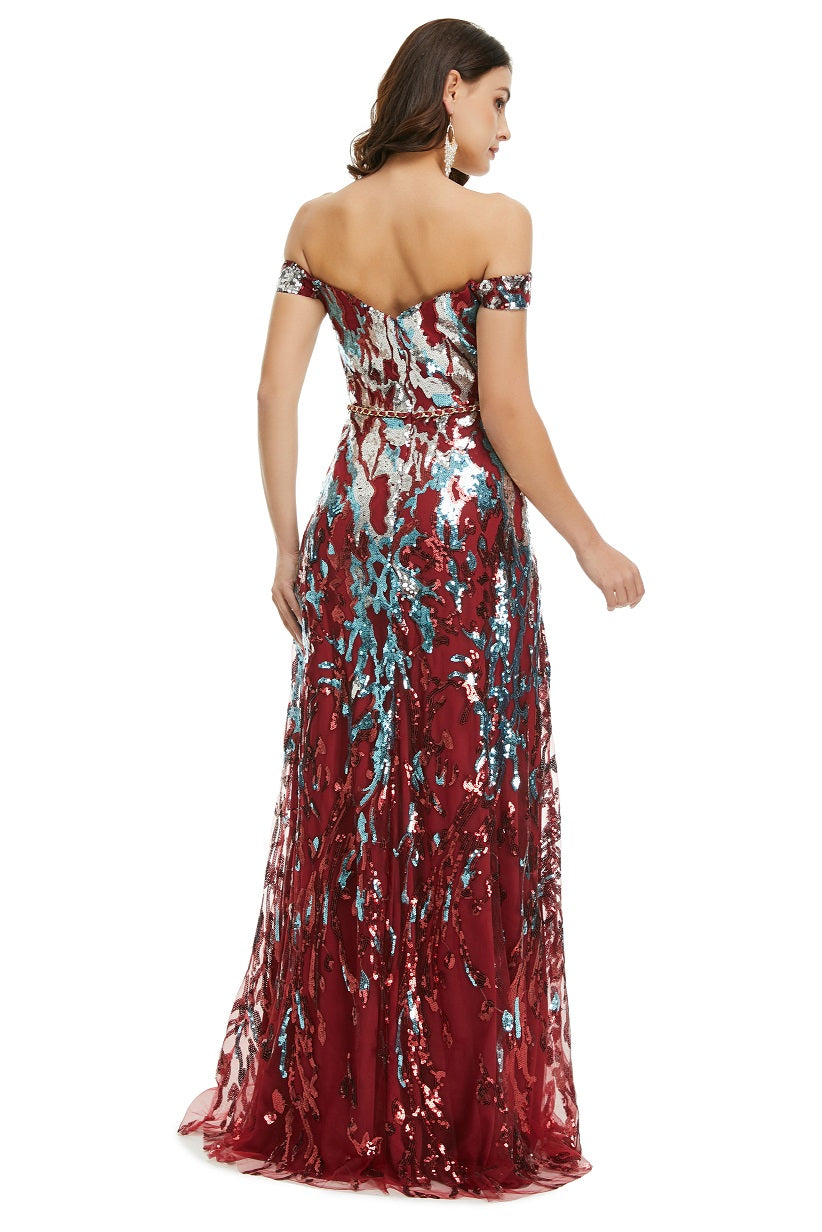 Dark Red Sequins Maxi Formal Gala Evening Dress EN5008