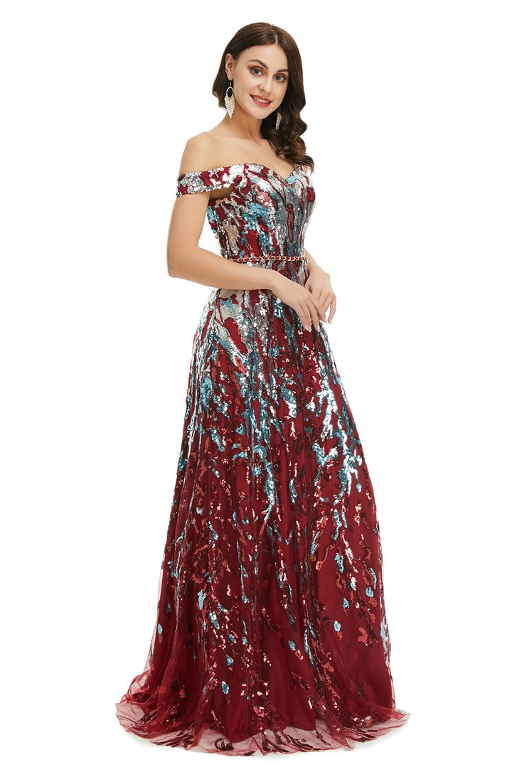 Dark Red Sequins Maxi Formal Gala Evening Dress EN5008