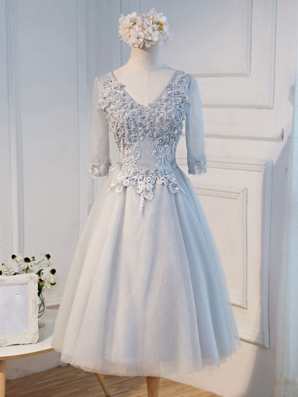 Gray Tulle Lace Formal Evening Dress with Sleeves