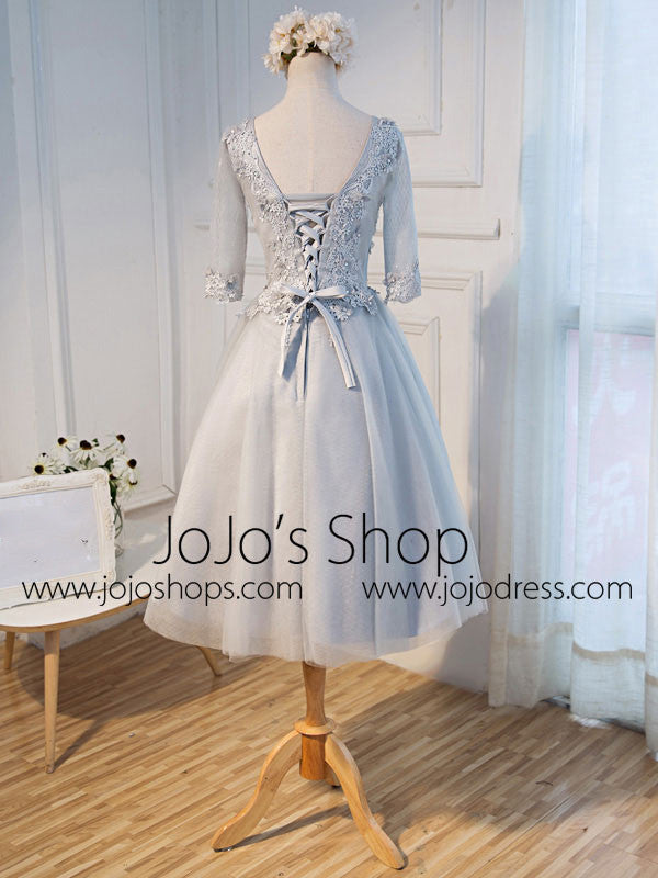 Gray Tulle Lace Formal Evening Dress with Sleeves
