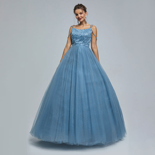 Dusty Blue Ball Gown Maxi Prom Evening Dress with Straps EN5305