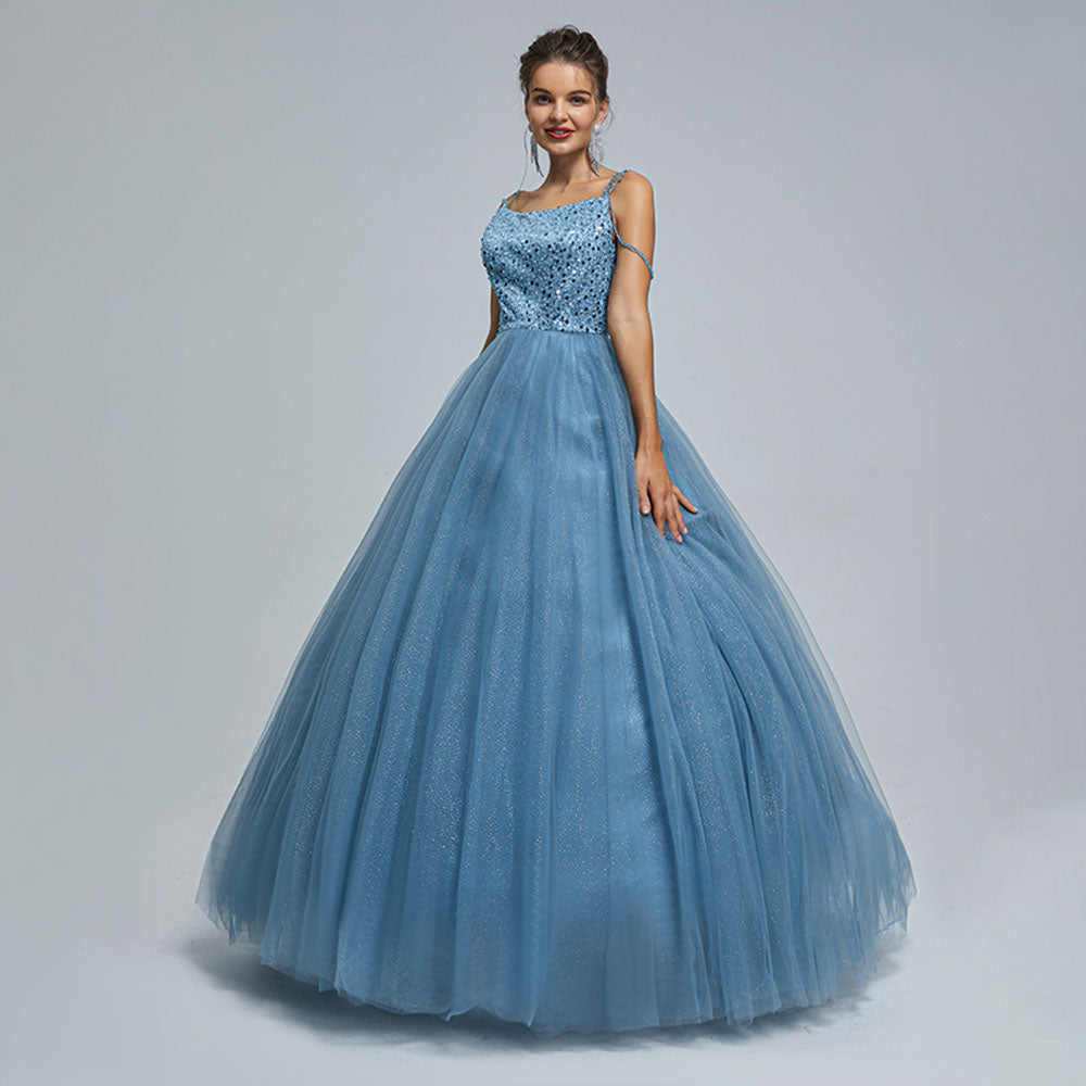 Dusty Blue Ball Gown Maxi Prom Evening Dress with Straps EN5305