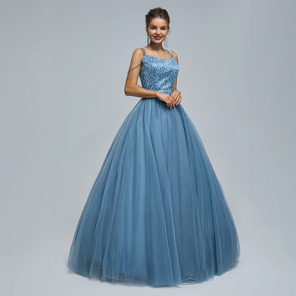 Dusty Blue Ball Gown Maxi Prom Evening Dress with Straps EN5305