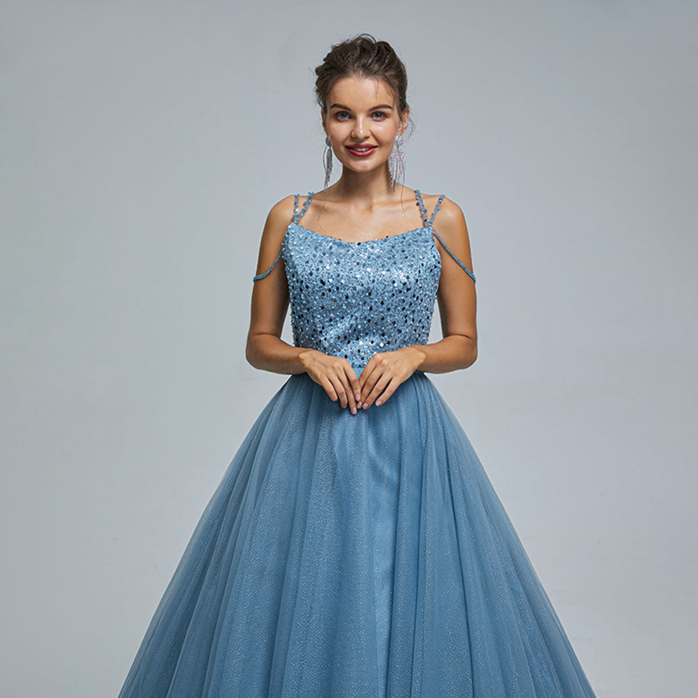 Dusty Blue Ball Gown Maxi Prom Evening Dress with Straps EN5305