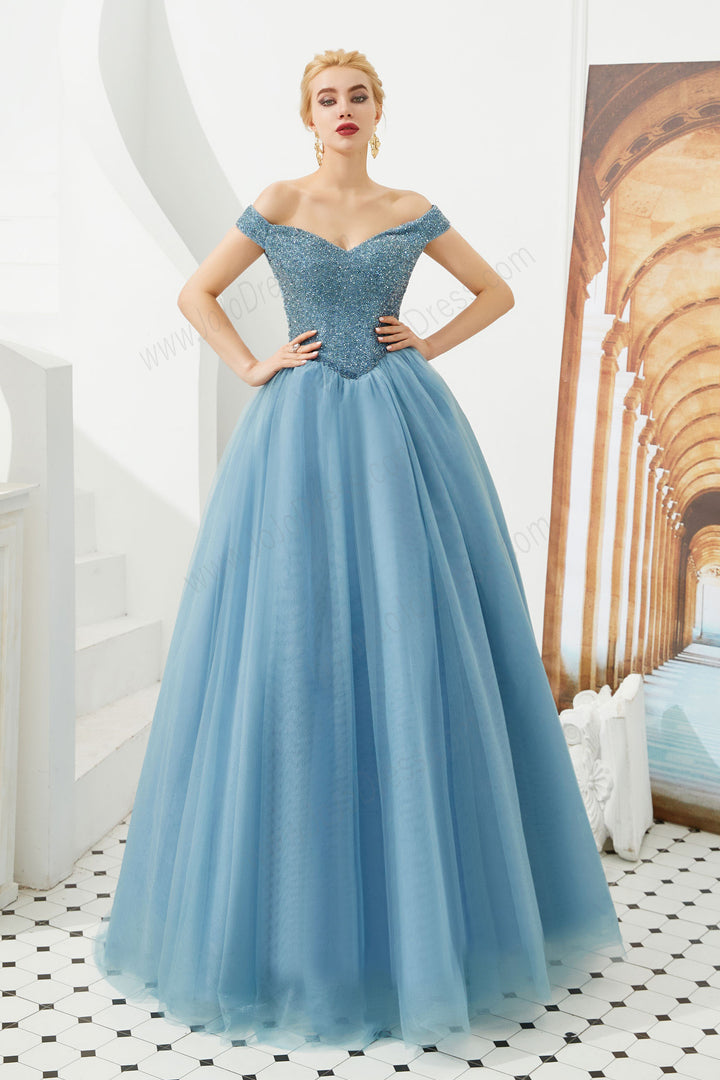 dusty blue ball gown prom dress with off the shoulder neckline