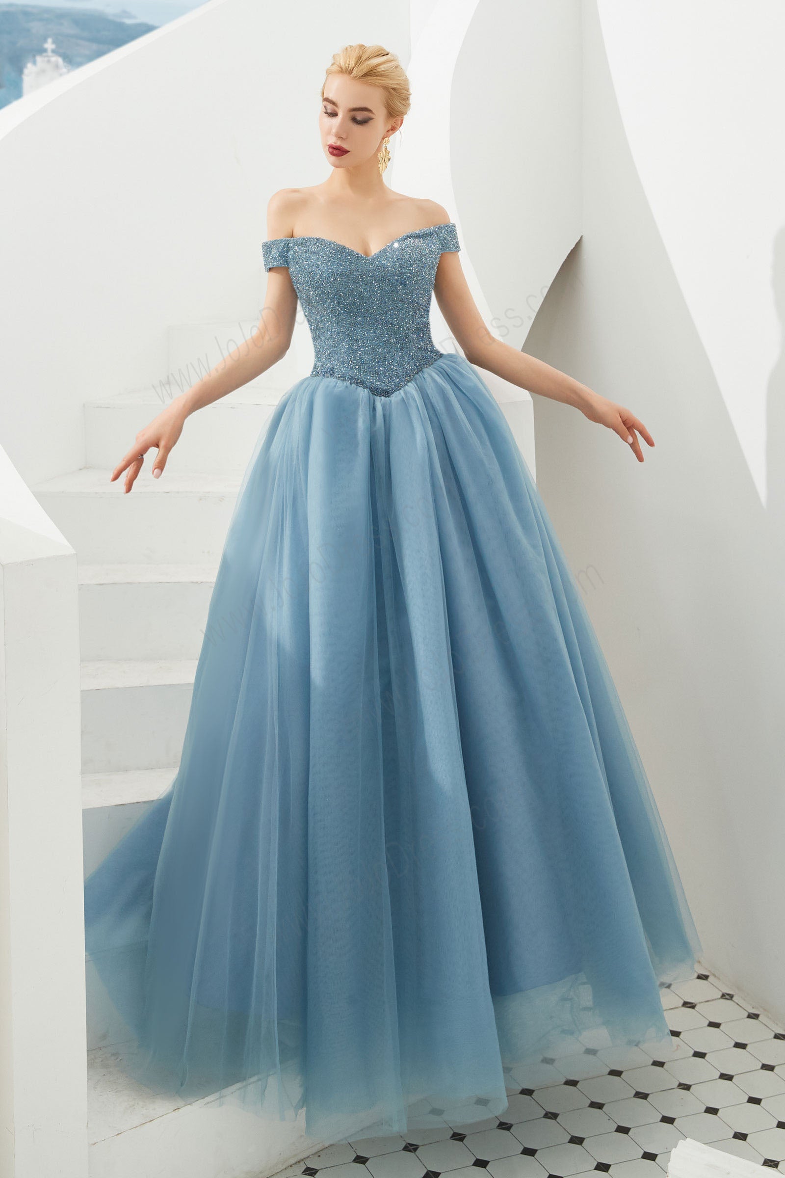Dusty Blue Ball Gown Prom Evening Dress with Off the Shoulder Neckline