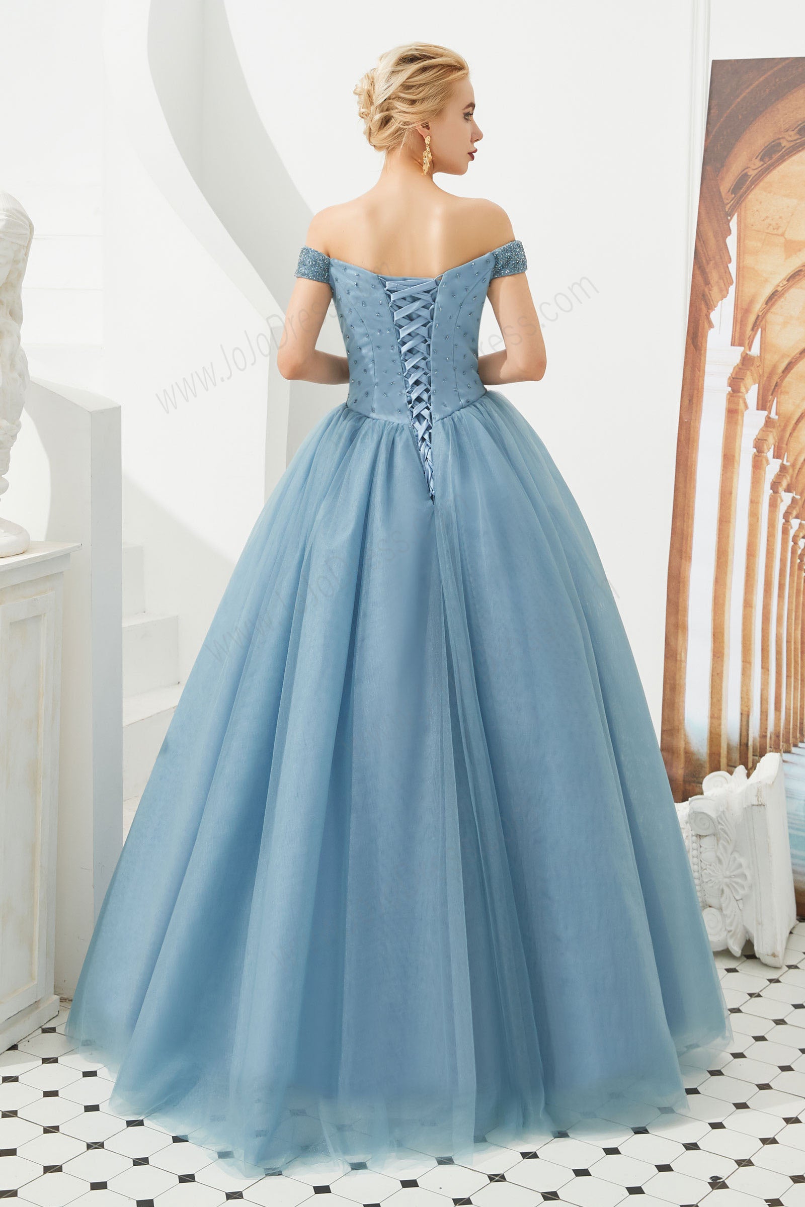 Dusty Blue Ball Gown Prom Evening Dress with Off the Shoulder Neckline