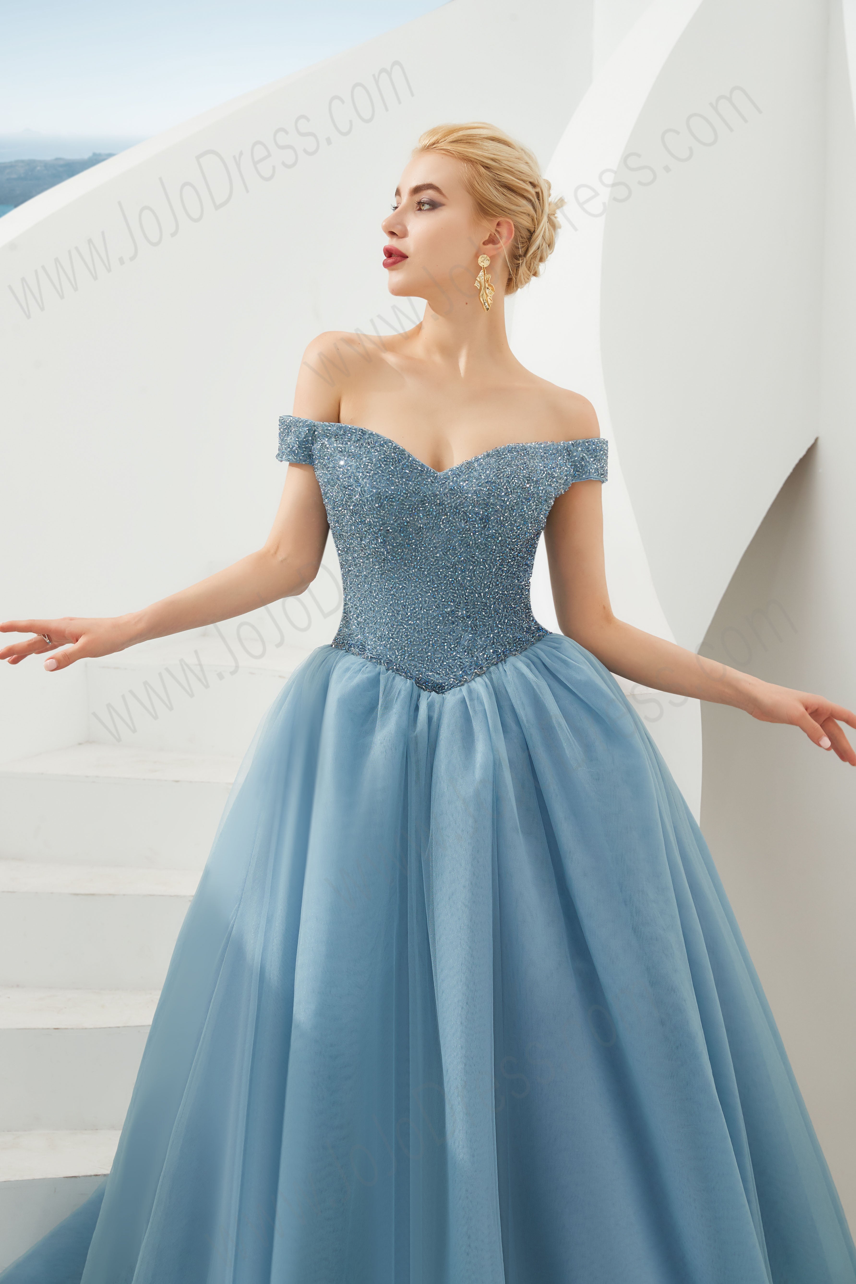 Dusty Blue Ball Gown Prom Evening Dress with Off the Shoulder Neckline