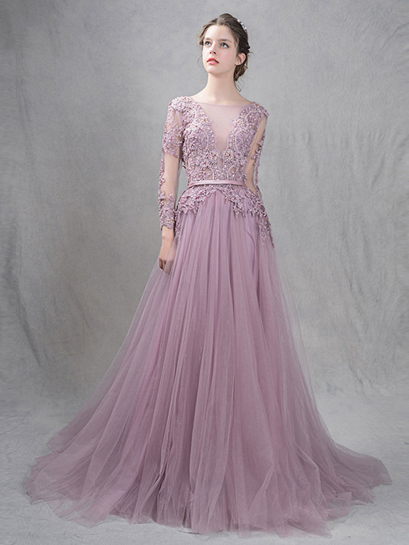 Dusty Purple Princess Prom Formal Dress with Open Back