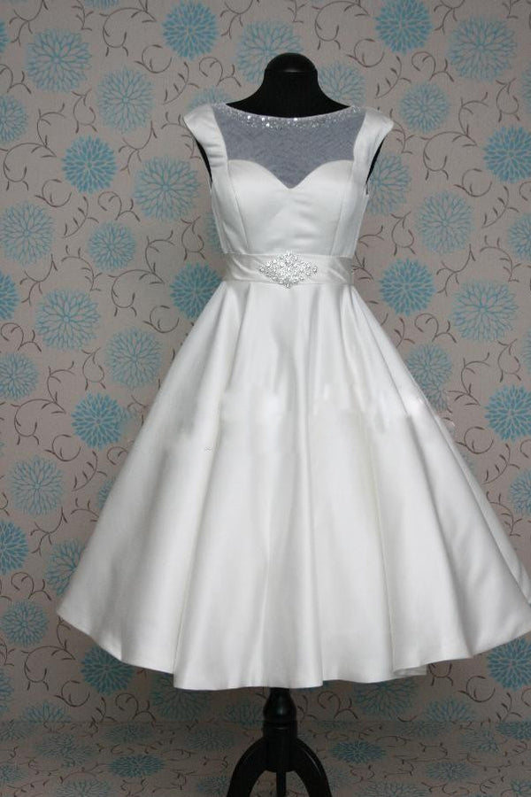 Retro 50s 60s Short Tea Length Modest Wedding Dress with Sash Tie