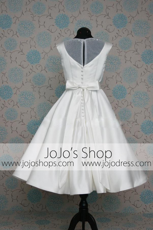 short retro wedding dresses Retro 50s 60s Short Tea Length Modest Wedding Dress with Sash Tie Size 22W / White