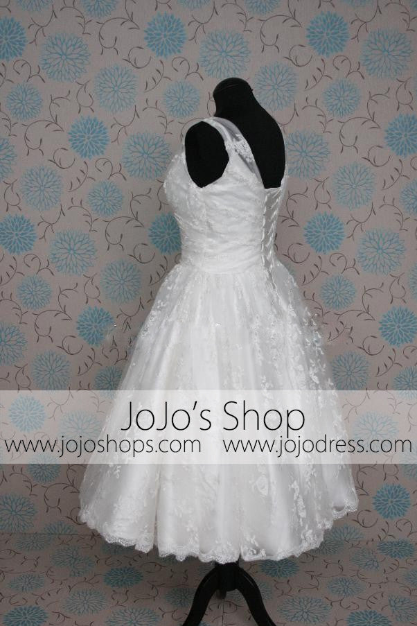 Retro 50s 60s Short Tea Length V Neck Lace Wedding Dress