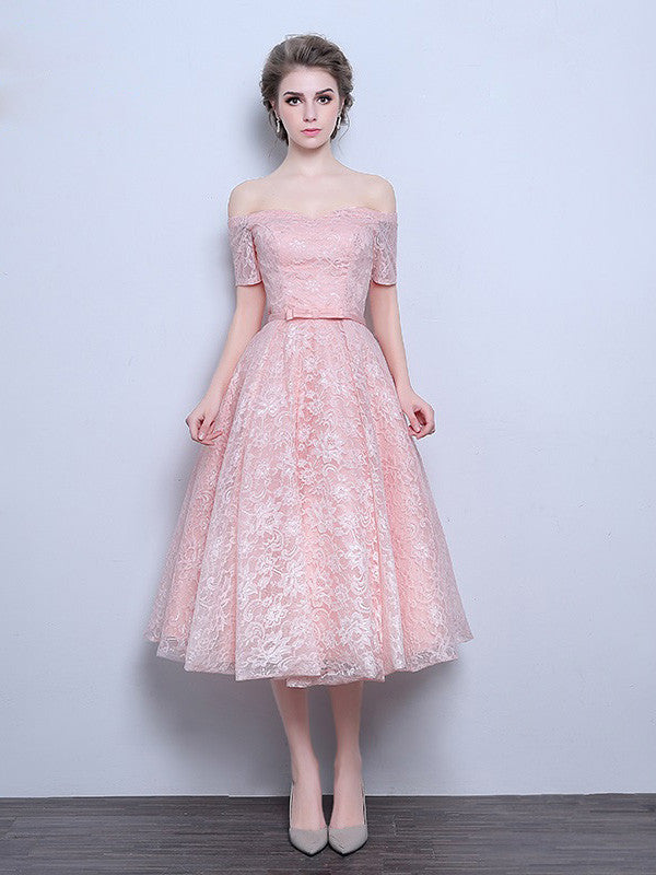 Pink Strapless Off Shoulder Tea Length Wedding Dress | DV3016