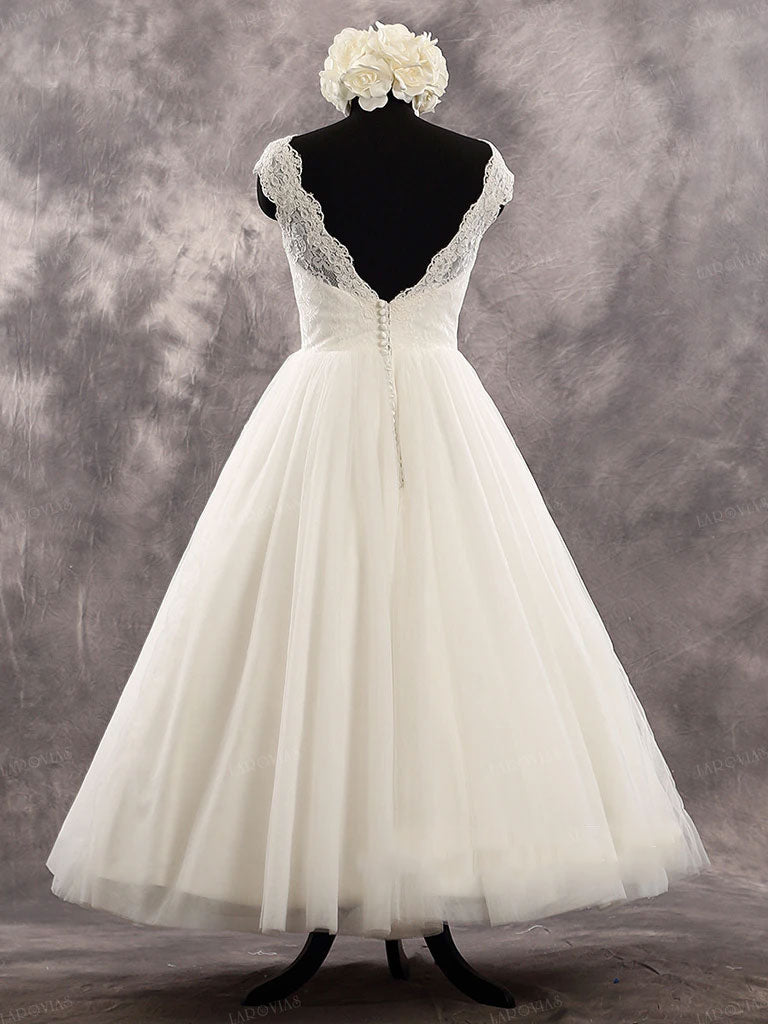 Short Retro Ankle Length Lace Wedding Dress