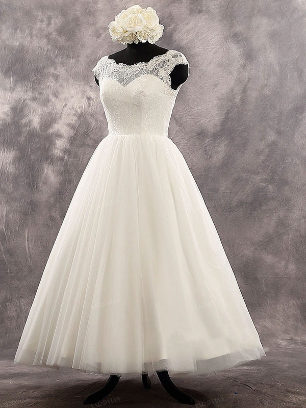 Short Retro Ankle Length Lace Wedding Dress