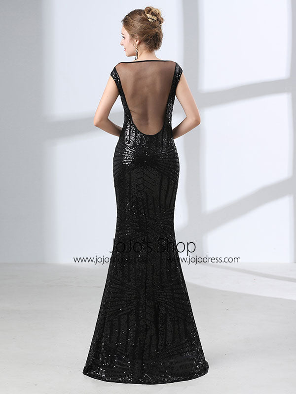 Elegant Black Sequined Long Formal Evening Dress 