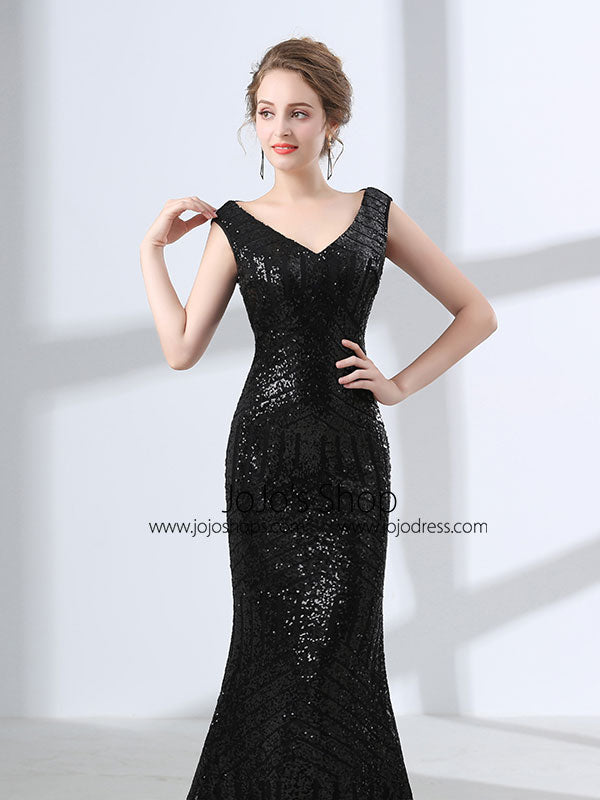 Elegant Black Sequined Long Formal Evening Dress 