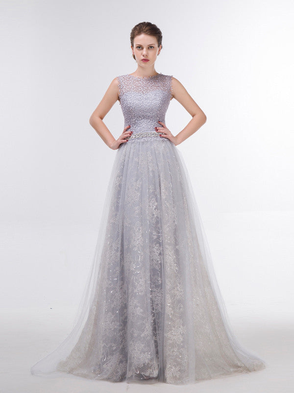 Elegant Gray Lace Formal Evening Dress 