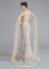 Silver Sequin Beauty Pageant Dress in Sleek Mermaid Style