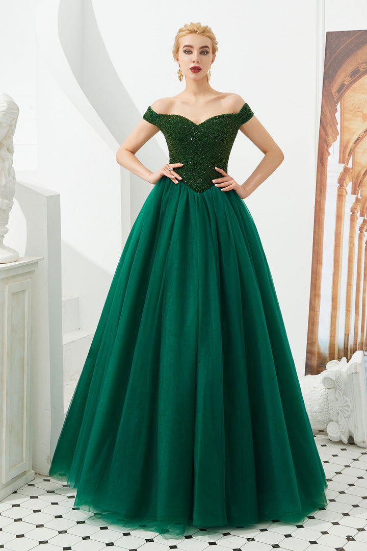 Emerald Green Ball Gown Prom Evening Dress with Off the Shoulder Neckline