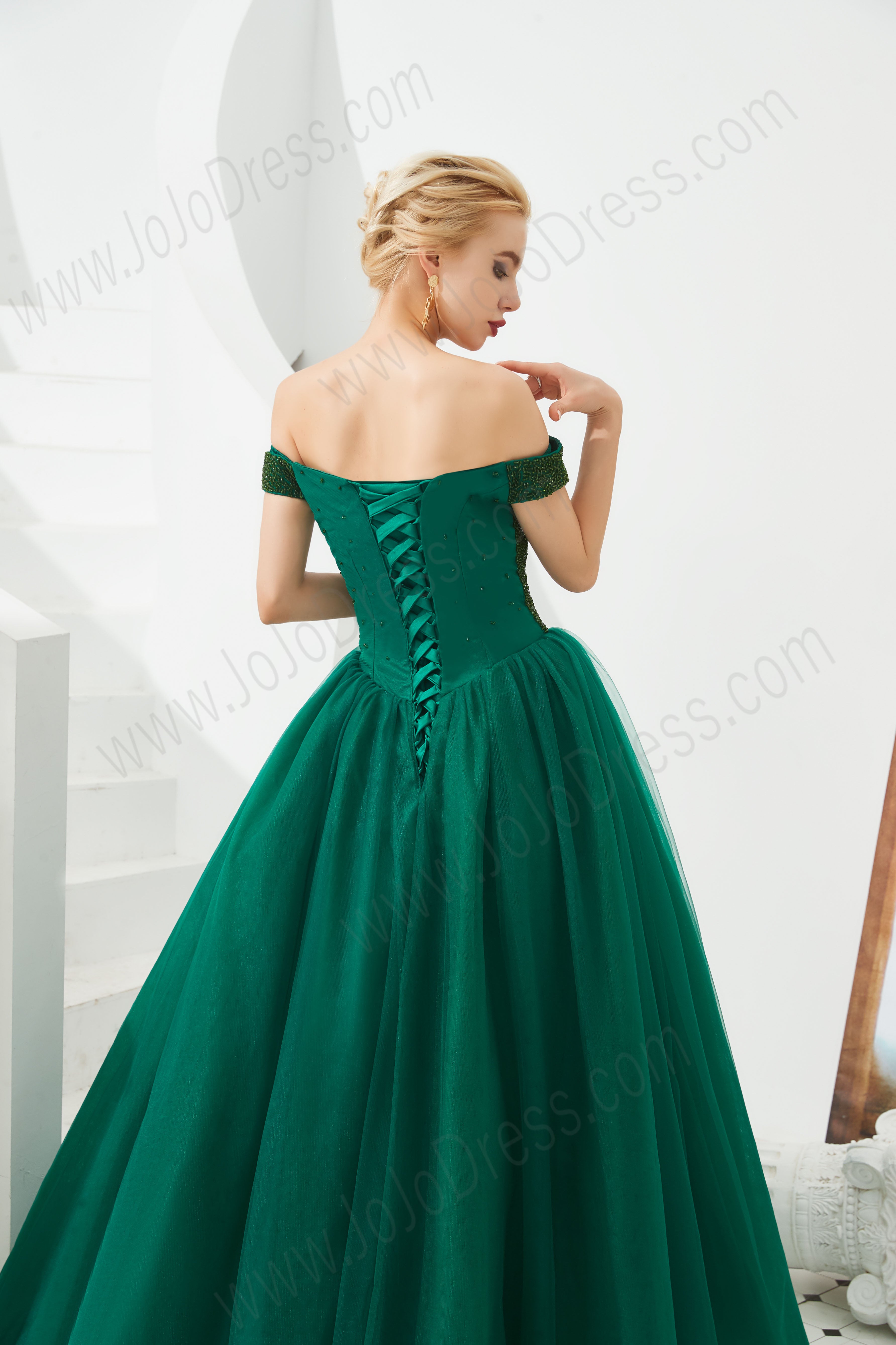 Most Popular Hunter Green Off shoulders Long Prom Dress with Black appliques