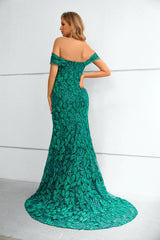 Forest Green Leafy Lace Formal Prom Evening Dress EN5611