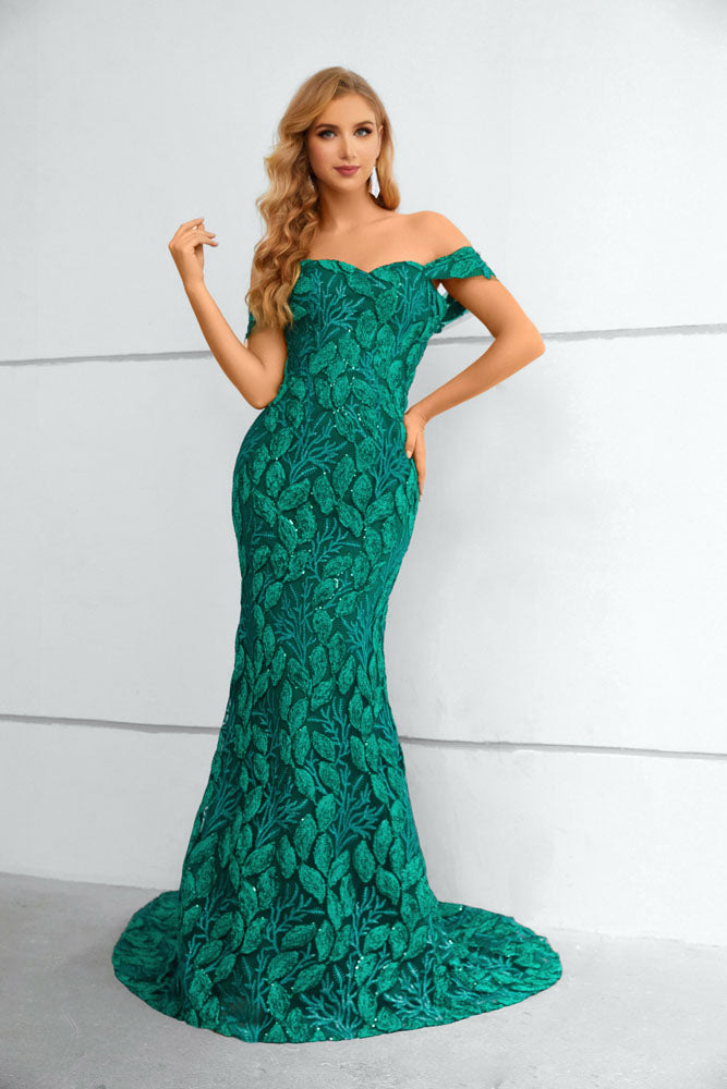 Forest Green Leafy Lace Formal Prom Evening Dress EN5611